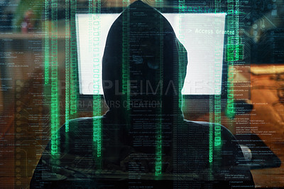 Buy stock photo Hacker, man hoodie and computer screen for software hacking, coding or programming at night in digital overlay. Data code, html and programmer or hacker person from behind, cybersecurity and desktop