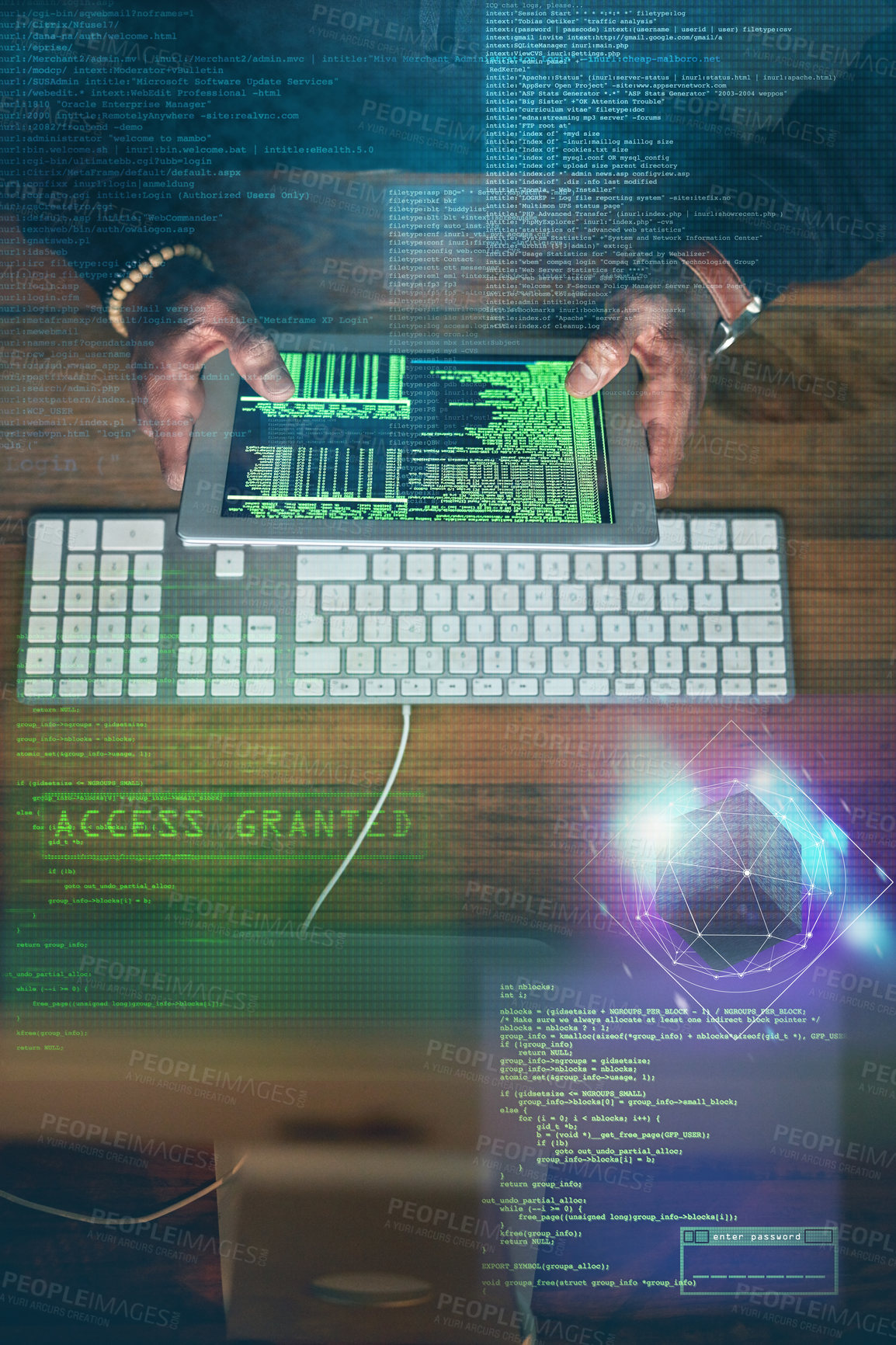 Buy stock photo Hacking, man hands and tablet screen with gaming software, code access and password success in data overlay. Online hacker, cyber thief or coding person hacking on digital programming or computer app