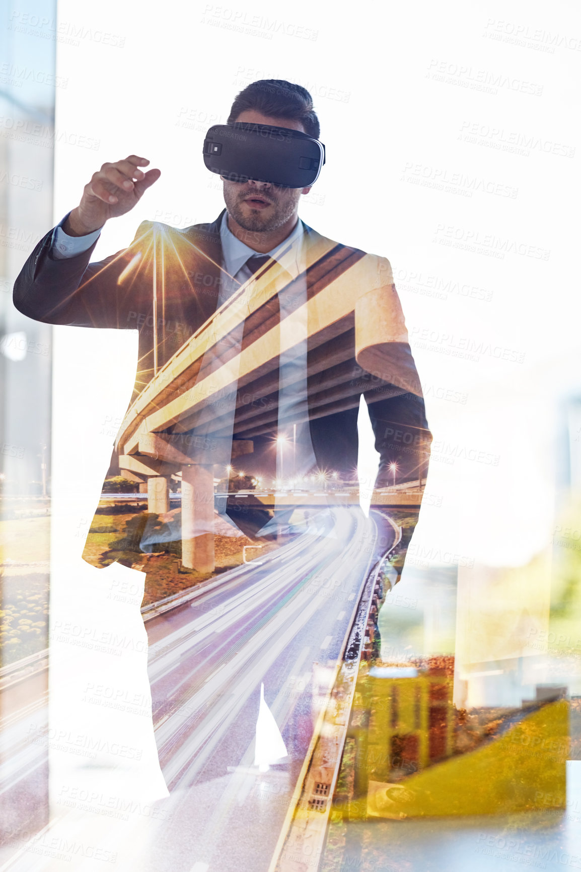 Buy stock photo Multiple exposure shot of a businessman wearing a VR headset while working in his office