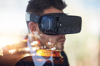 Buy stock photo Multiple exposure shot of a businessman wearing a VR headset while working in his office