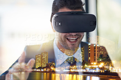 Buy stock photo Multiple exposure shot of a businessman wearing a VR headset while working in his office