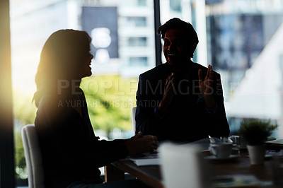Buy stock photo Dark, happy and business people in meeting at office for discussion, planning and conversation. Corporate workplace, collaboration and man and woman in conference room for morning communication