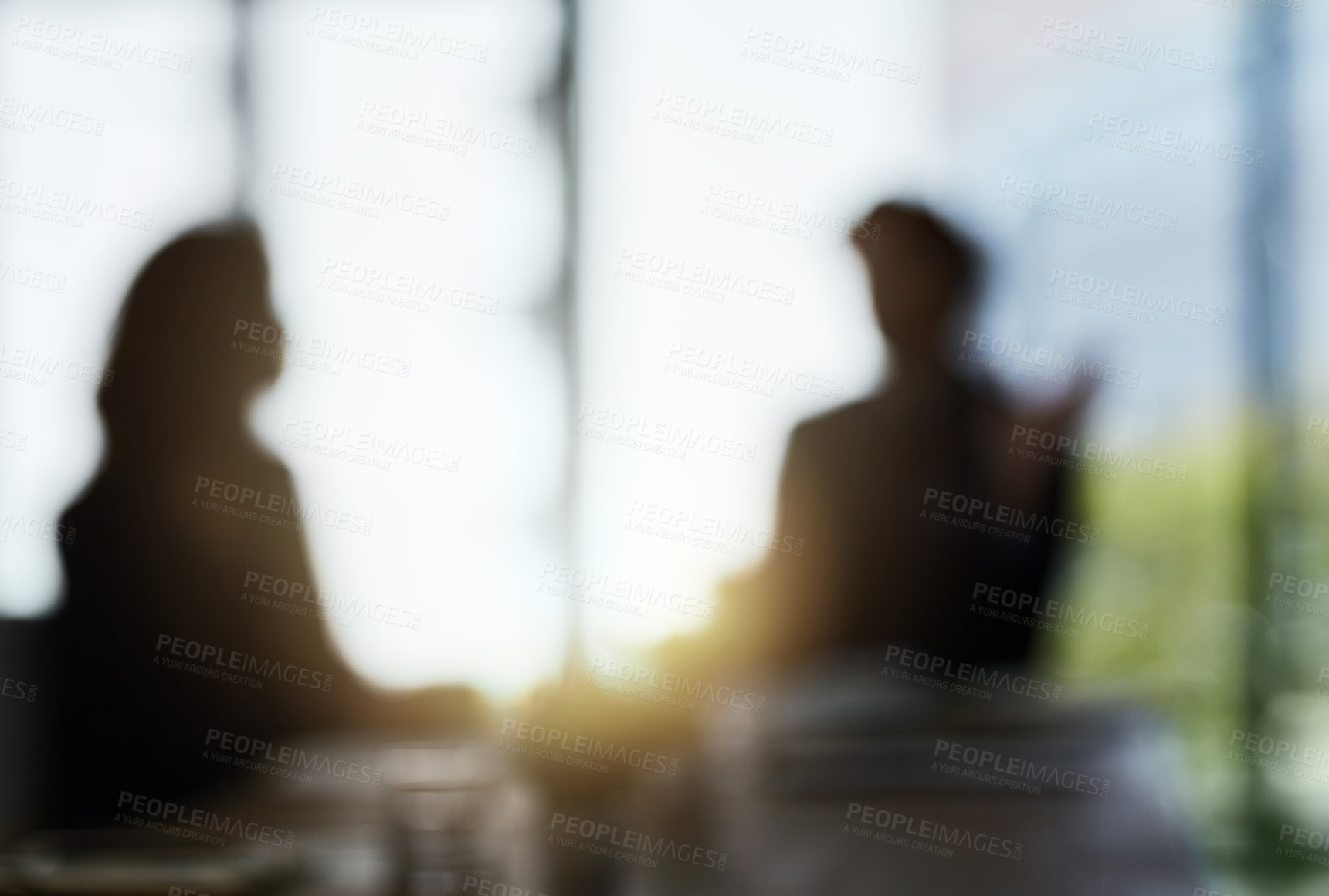 Buy stock photo Silhouette blur, office and business people in meeting for discussion, planning and conversation. Corporate mockup, collaboration and blurred man and woman for communication, networking and teamwork