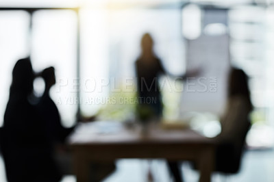 Buy stock photo Silhouette, teamwork and blur of business people in meeting for discussion, planning and conversation. Corporate office, collaboration and men and women for presentation, communication and strategy