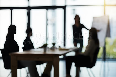 Buy stock photo Silhouette, meeting and blur of business people in office for presentation, planning and conversation. Corporate workplace, collaboration and men and women for teamwork, communication and strategy