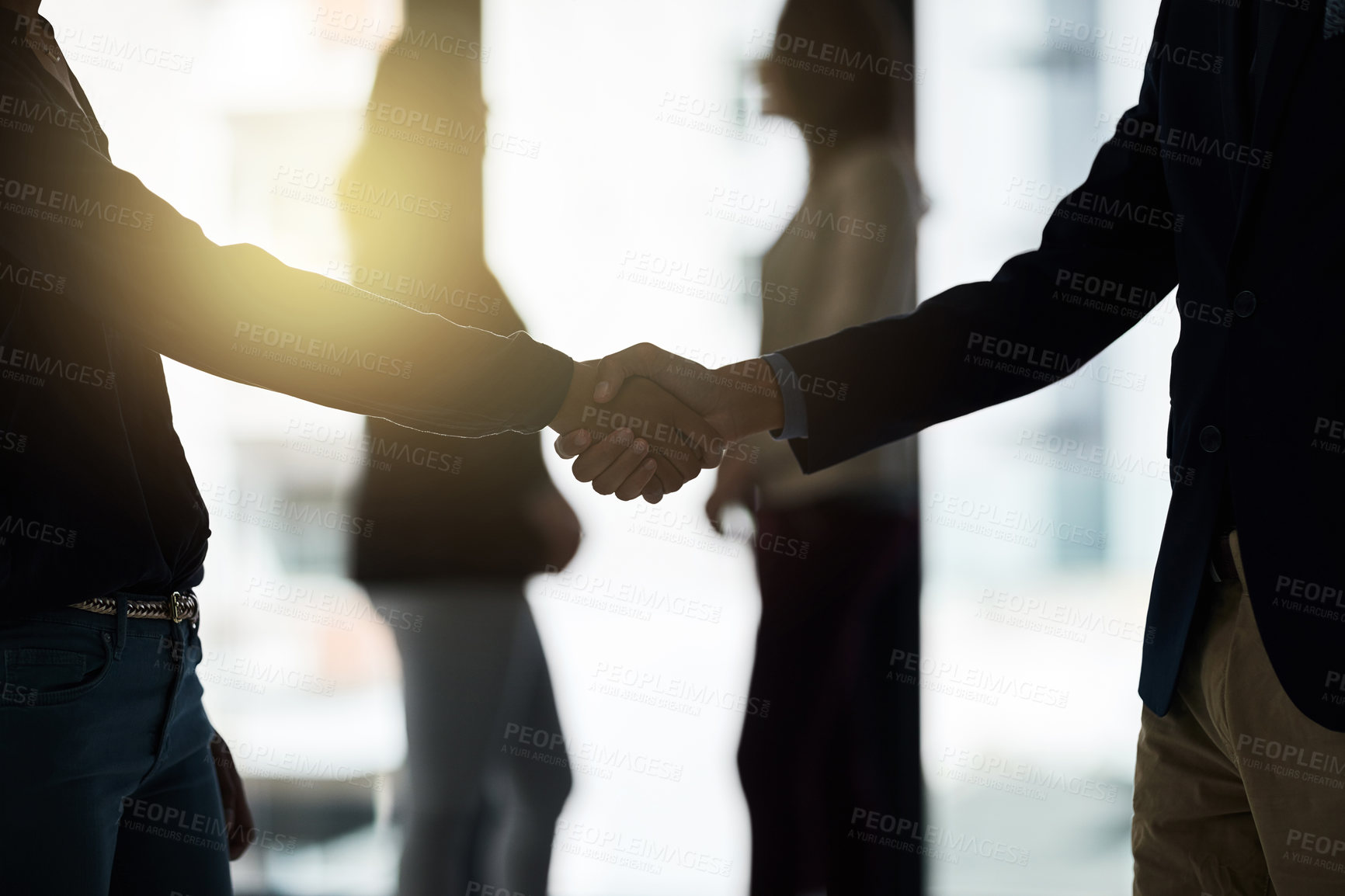 Buy stock photo Silhouette, handshake and business people in office for partnership deal, planning and agreement. Corporate office, recruitment and workers shaking hands for welcome, communication and onboarding