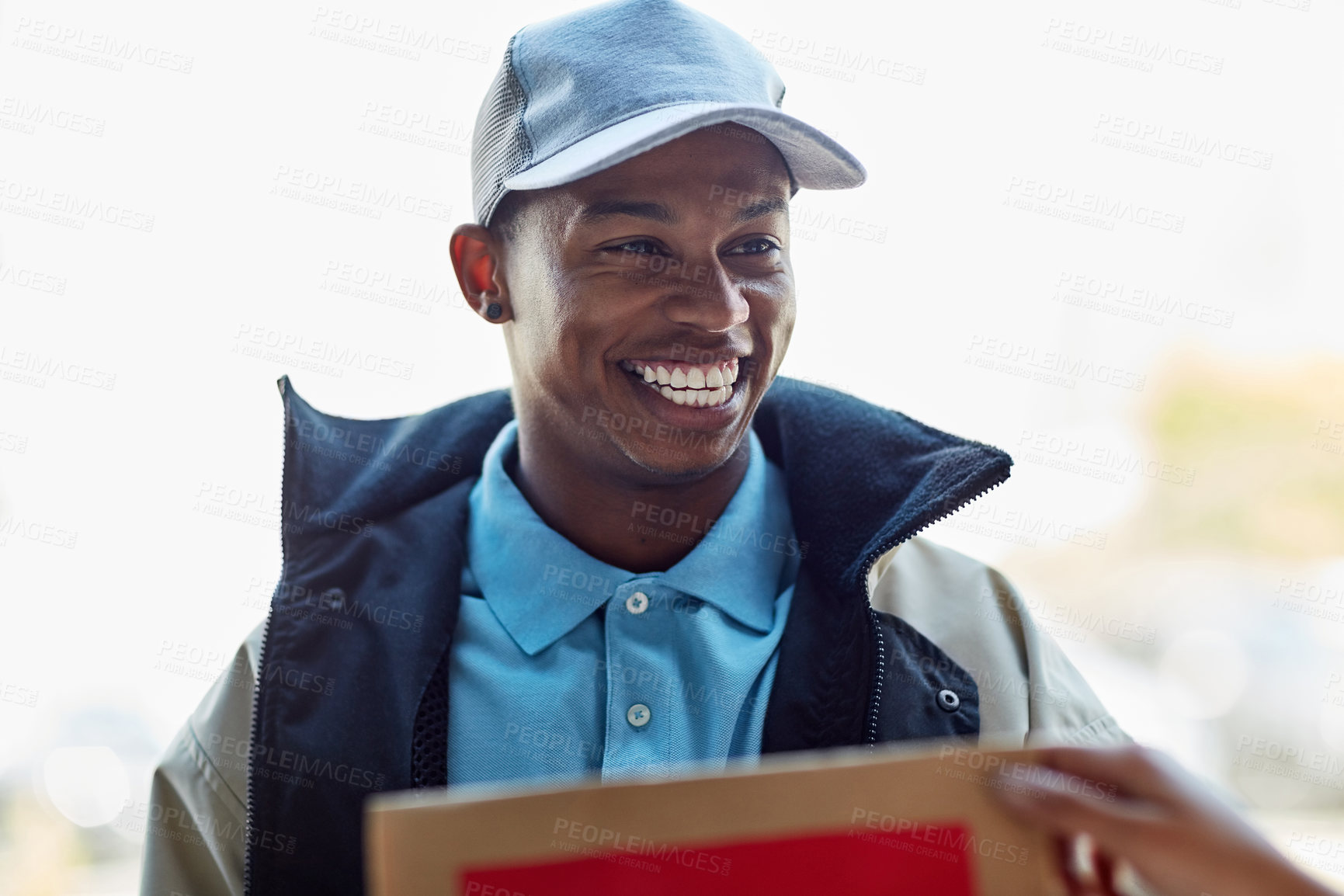 Buy stock photo Smile, package and happy man at door with food delivery for online shopping sales, home distribution or takeout service. Ecommerce, customer and shipping courier with paper bag, mail or post in house