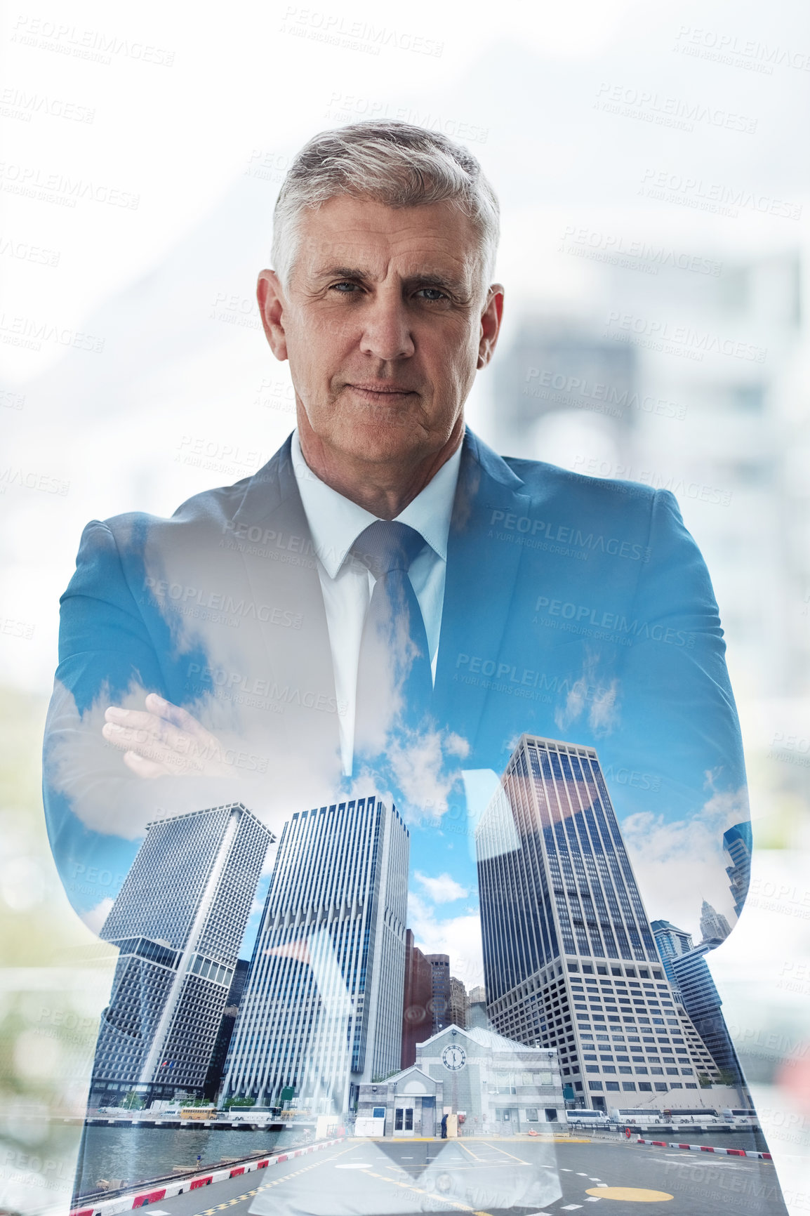 Buy stock photo Man, double exposure and road on cityscape in portrait at office, arms crossed or civil engineering agency. Mature person, buildings and development of infrastructure for sustainable transport system