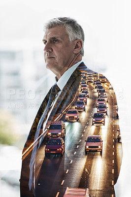 Buy stock photo Man, double exposure and traffic on highway in office for thinking, vision or civil engineering for city. Mature person, ideas and government survey of infrastructure for sustainable transport system
