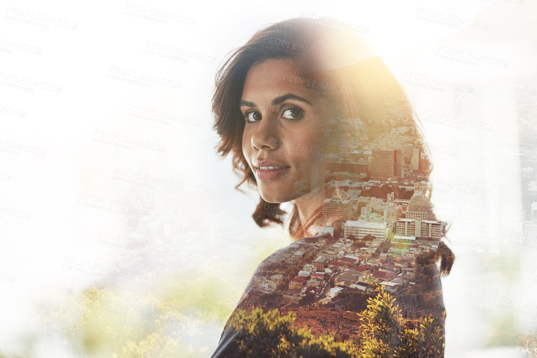Buy stock photo Multiple exposure shot of young businesswoman superimposed over a cityscape