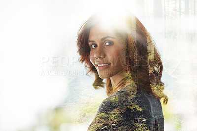 Buy stock photo Business woman, double exposure and trees with portrait, smile and mockup space for person of ecology. Entrepreneur, woods and growth in nature, jungle or environment for sustainability at company