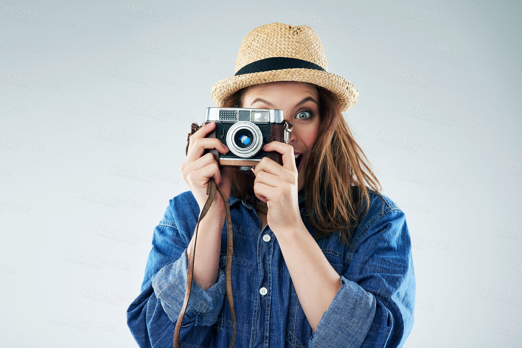 Buy stock photo Woman, portrait and retro camera in studio for newspaper, magazine and press job at media company. Girl, paparazzi and photographer for photoshoot, creativity and smile for story by white background