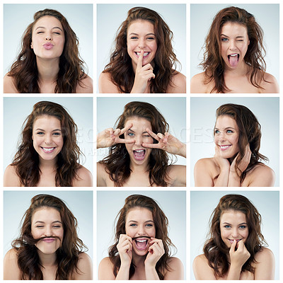 Buy stock photo Composite image of a young woman doing different expressions