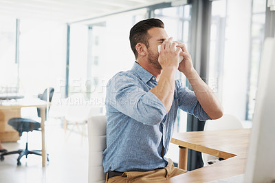 Buy stock photo Business man, blowing nose and allergy in office with flu, virus and tissues for healthcare at desk. Young businessman, allergies or sick with hayfever, toilet paper and cleaning mucus in workplace