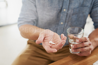 Buy stock photo Medicine, pills and water with hands of man for medical, vitamins and supplements. Healthcare, prescription and pharmacy with closeup of male patient at home for drugs, allergy and mental health