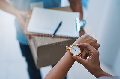 Buy stock photo Watch, late and delivery with a customer checking the time for service delivery of a courier company. Logistics, ecommerce and retail with a consumer timing the shipping of an online shopping product