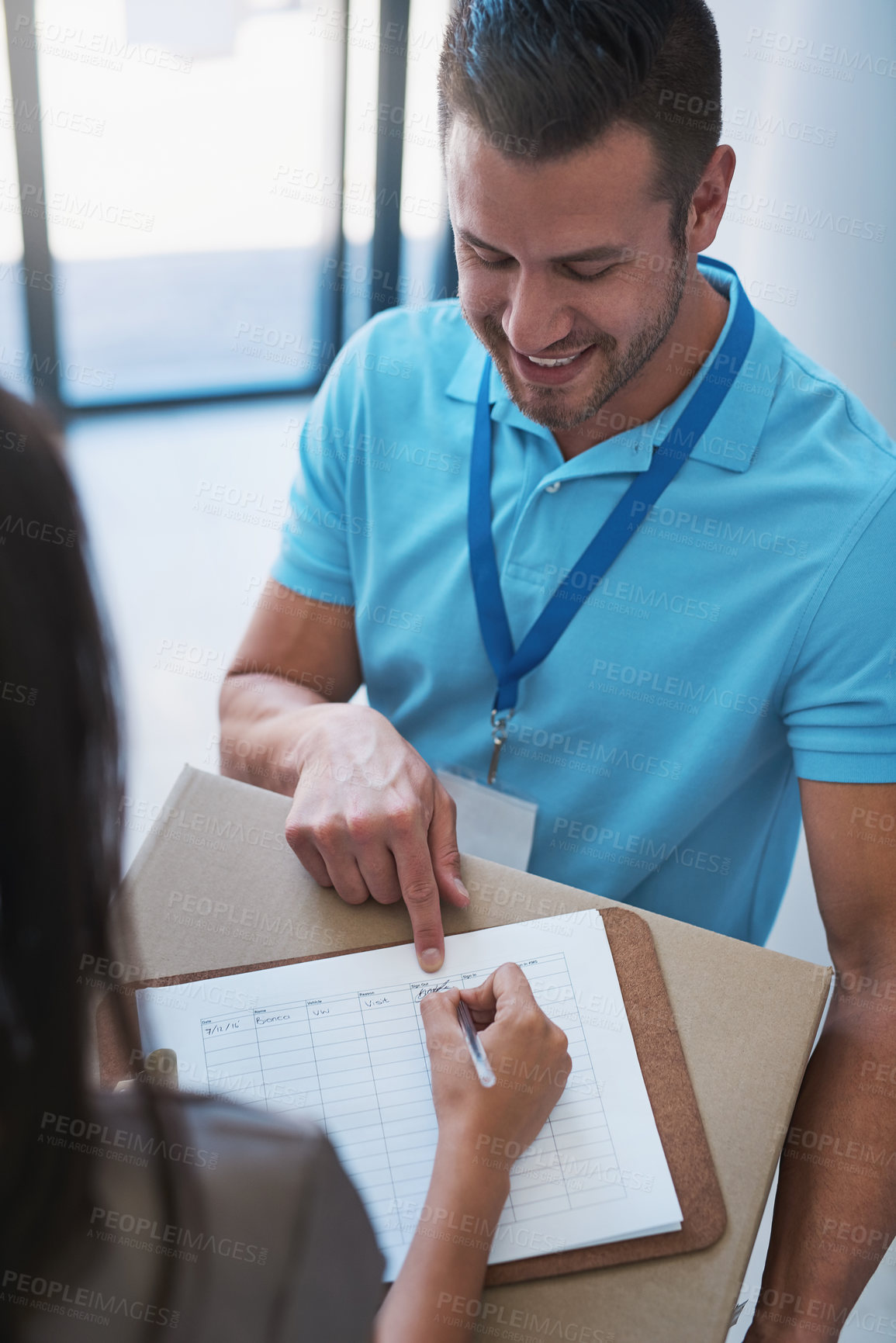 Buy stock photo Cropped shot of a businesswoman signing for a package delivered by a courier to her office