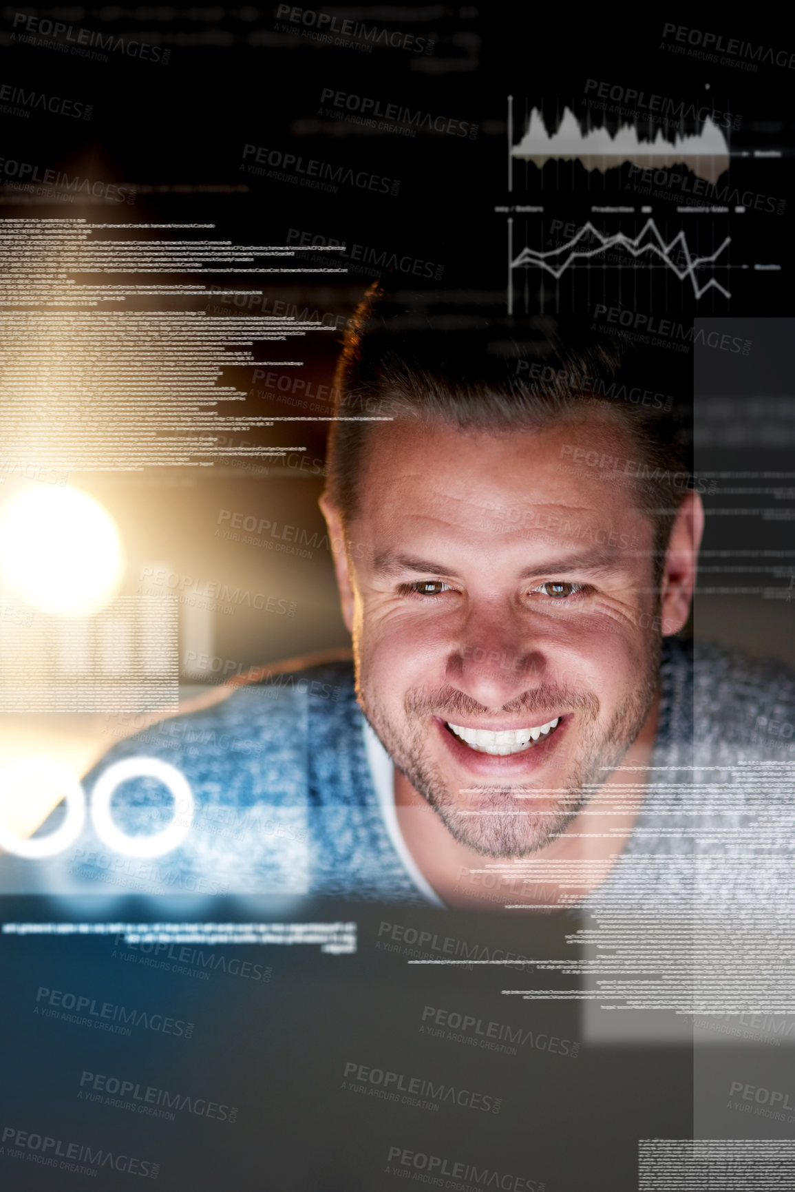 Buy stock photo Shot of a smiling computer programmer working at his computer late at night