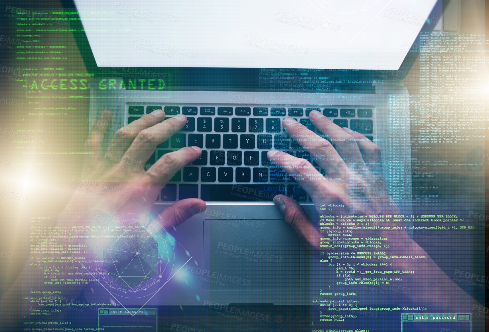 Buy stock photo Hands, holographic and man with laptop, keyboard and coding with internet, connection and software update. Person, hacker and guy with computer, overlay and cyber security with system and programming