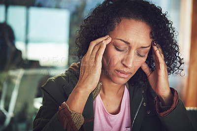 Buy stock photo Anxiety, mature black woman with headache or stress and at home. Depression or burnout, mental health or healthcare and exhausted or tired female with hands on head at her house background
