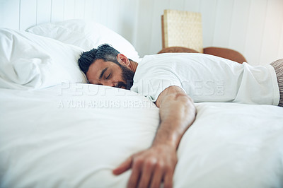 Buy stock photo Tired, dream and a man on a bed for sleep, relax and fatigue at home. Rest, napping and a guy sleeping in the bedroom with insomnia, narcolepsy or content while lying down and dreaming in the morning