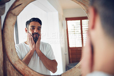 Buy stock photo Mature man, mirror and reflection in bathroom with thinking, wellness and beard for skincare, ideas and home. Person, morning and check face for beauty, health and facial hair with routine in house