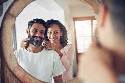 Buy stock photo Happy, reflection and morning with couple in mirror for wake up, support and love. Smile, commitment and happiness with man and woman bonding at home for motivation, helping and care together