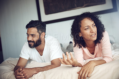 Buy stock photo Divorce, fighting and couple in bedroom with problem, depression and marriage with stress. Thinking, relationship fail and woman with man, conflict and home with anxiety, frustrated or angry on a bed