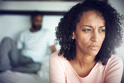 Buy stock photo Divorce, angry black woman and couple in bedroom of their home or house. Marriage or relationship, communication or conflict and frustrated African female with breakup or couple problems inside