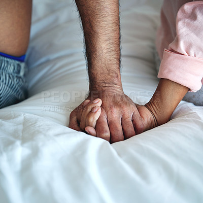 Buy stock photo Couple, holding hands or closeup of support in home with empathy, compassion or connection on bed. Spiritual, people or praying in bedroom with thankful, worship or faith with comfort or appreciation