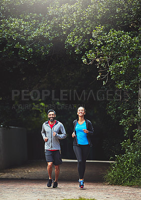 Buy stock photo Couple in park, running together and fitness in nature, exercise and training for marathon with bonding and sports. People workout, cardio outdoor for health and wellness with runner and challenge