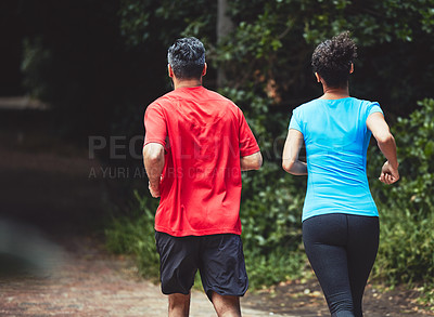 Buy stock photo Couple, back and running in park for exercise and health outdoor, support and training for marathon with cardio. Runner, athlete and sport with people in nature, challenge and fitness with workout