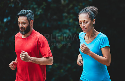 Buy stock photo People, running outdoor for exercise and health in park, support and training for marathon with cardio. Runner, athlete and sport with couple in nature, challenge and fitness with workout for race