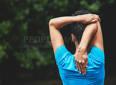 Buy stock photo Back, woman stretching in park and fitness outdoor with arm muscle and start exercise. Athlete, sports and flexible in nature, training and ready for workout, prepare with warm up and mockup space