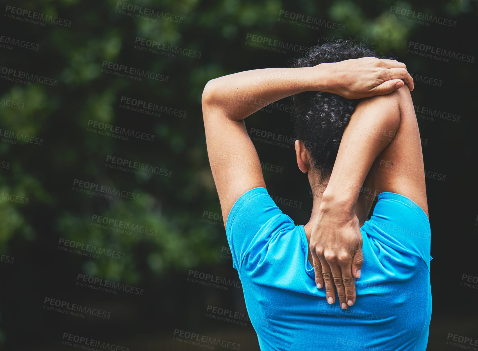 Buy stock photo Back, woman stretching in park and fitness outdoor with arm muscle and start exercise. Athlete, sports and flexible in nature, training and ready for workout, prepare with warm up and mockup space