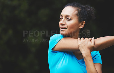 Buy stock photo Woman stretching, park and fitness outdoor with arm muscle, strong and start exercise. Athlete, sports and flexible in nature, training and ready for workout, prepare with warm up and mockup space