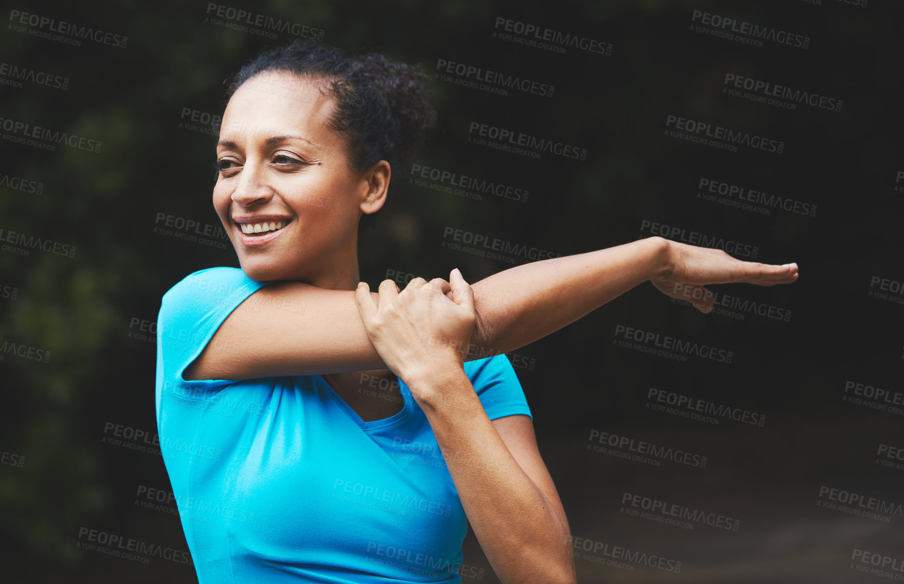 Buy stock photo Happy woman stretching, park and fitness with arm muscle, strong and start exercise. Athlete, sports and flexible in nature, ready for workout with training and prepare with body warm up outdoor