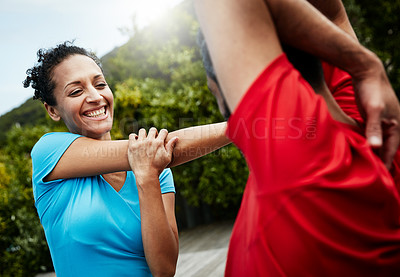 Buy stock photo People are stretching, exercise and start workout with athlete, personal trainer or couple ready for fitness outdoor. Health, wellness and prepare for training, sports and flexibility with warm up