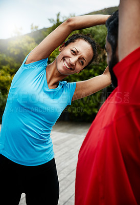 Buy stock photo People are stretching, fitness and start exercise with smile, personal trainer or couple ready for workout outdoor. Health, wellness and prepare for training, sports and flexibility with warm up