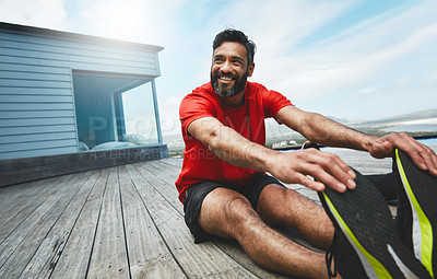 Buy stock photo Man, stretching legs and fitness, start running or race with smile, muscle and ready for exercise outdoor. Athlete, sports and cardio in nature, health and wellness, workout for marathon and warm up
