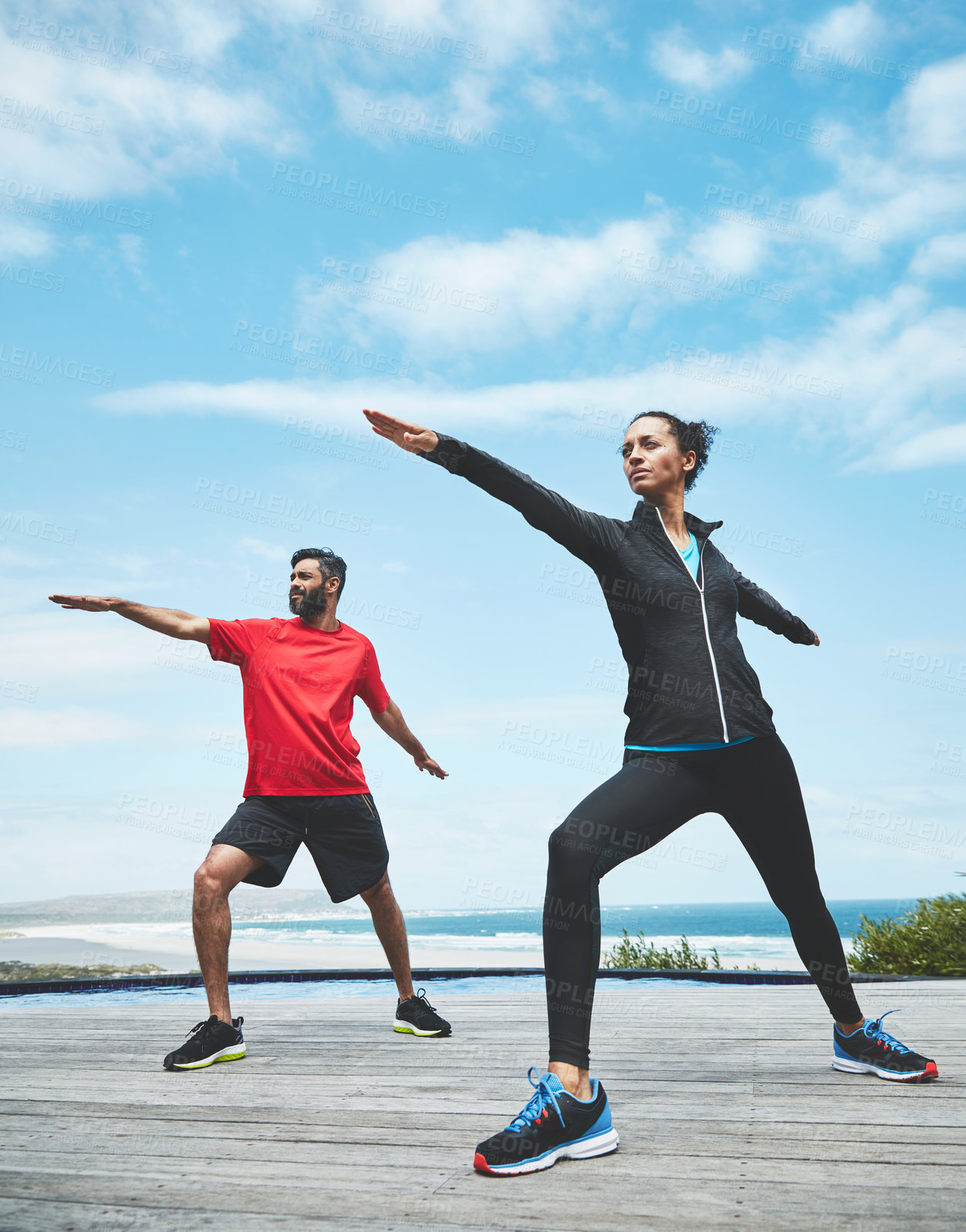 Buy stock photo Couple, stretching or arms for yoga in nature with warm up, blue sky or morning activity for flexibility with mockup. People, athlete or teamwork for fitness by sea with wellness, exercise or active 