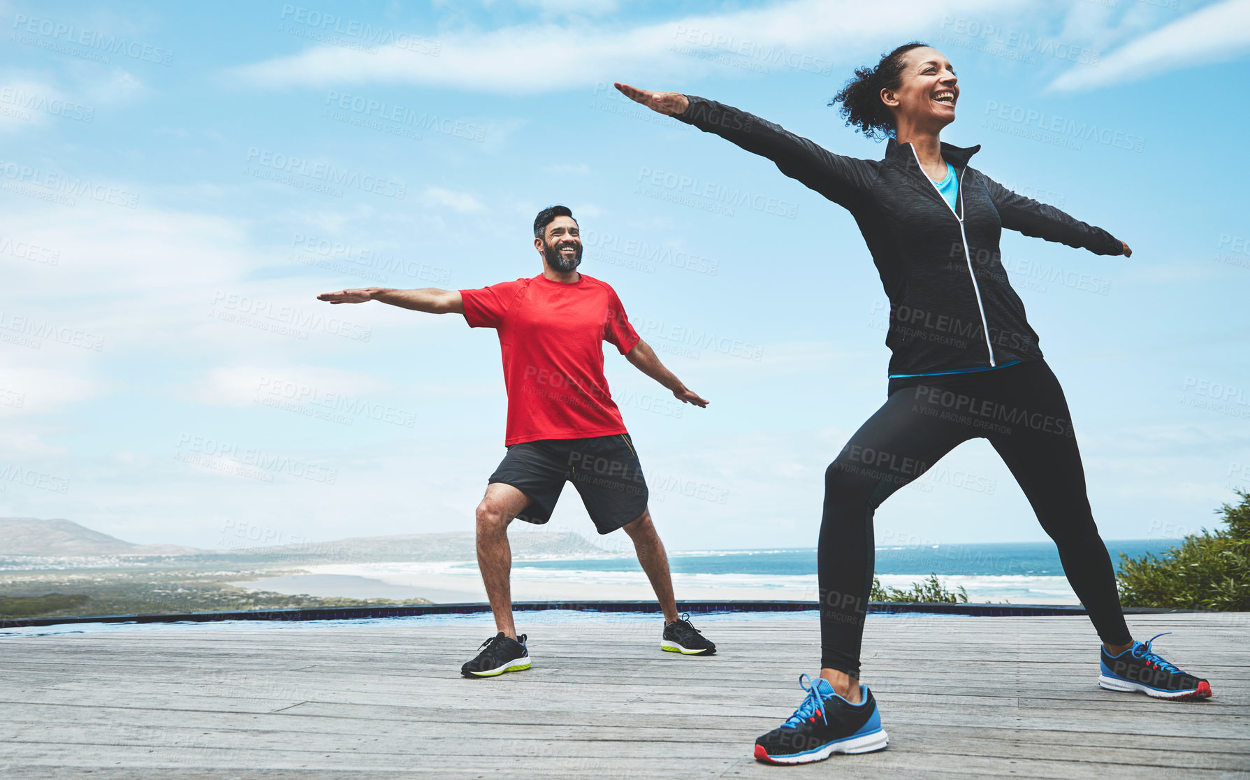 Buy stock photo Couple, stretching and arms for fitness in nature with warm up, blue sky and morning activity for flexibility with mockup. People, athlete and teamwork for workout or happy with wellness and exercise