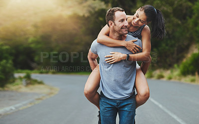 Buy stock photo Love, piggyback or happy couple walking on road or outdoor date for care, support or loyalty. Freedom, romantic man or woman on holiday vacation together to relax or smile on street for wellness