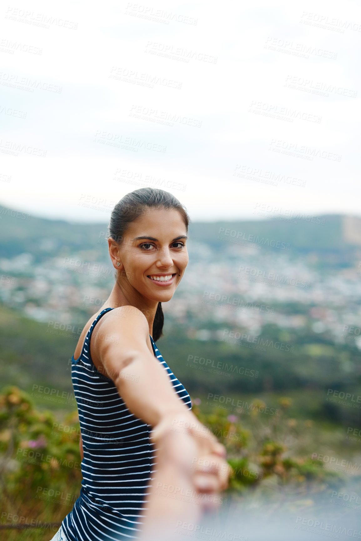 Buy stock photo Couple pov, portrait or holding hands in nature on outdoor date for love with support or loyalty. Mockup space, affection or happy woman on holiday vacation in park together to relax or travel in USA