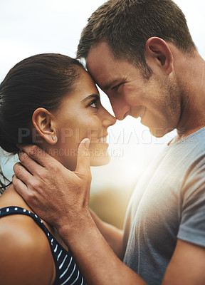 Buy stock photo Forehead, smile or happy couple on outdoor date with loyalty for commitment, care or love in nature. Eye contact, trust or romantic man with woman hug on holiday vacation for bond, support or respect