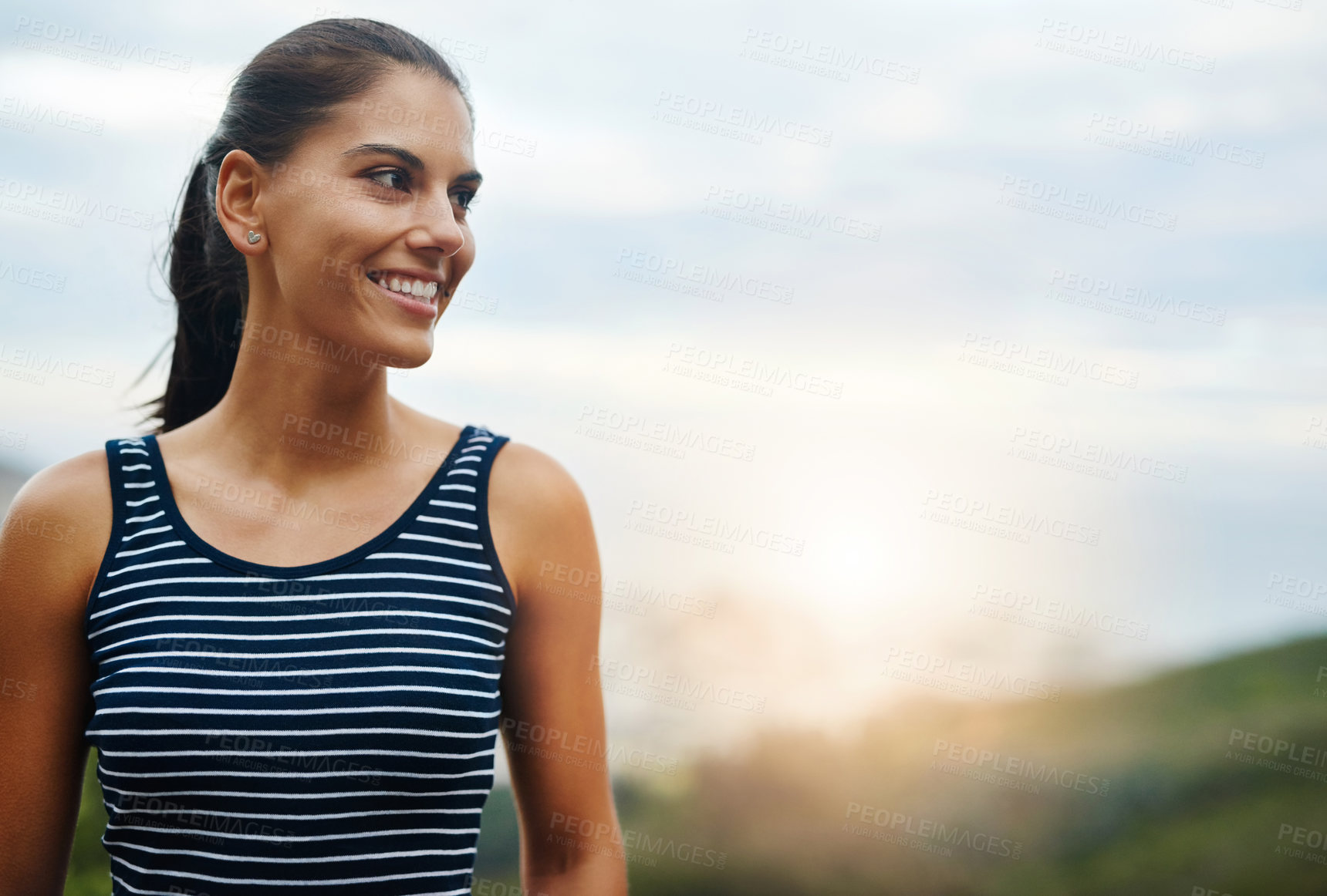 Buy stock photo Thinking, space or happy woman in park, nature or outdoor with confidence or freedom on holiday. Face, Indian lady or female person in summer, natural environment or blue sky mockup to smile or relax