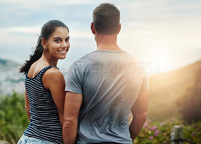 Buy stock photo Portrait of a young couple enjoying a romantic day outdoors