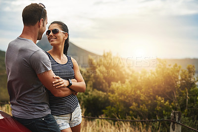 Buy stock photo Romantic, love or happy couple in nature for date, support or care on a summer park adventure. Smile, hug or man with woman on outdoor holiday vacation together in park for bond, travel or romance