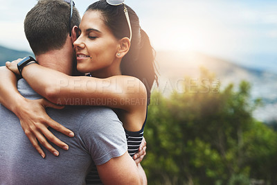 Buy stock photo Relax, love or couple hug in park for date, support or care in summer or nature with peace or freedom. Embrace, romantic man or woman on outdoor holiday vacation together to bond or travel in USA 