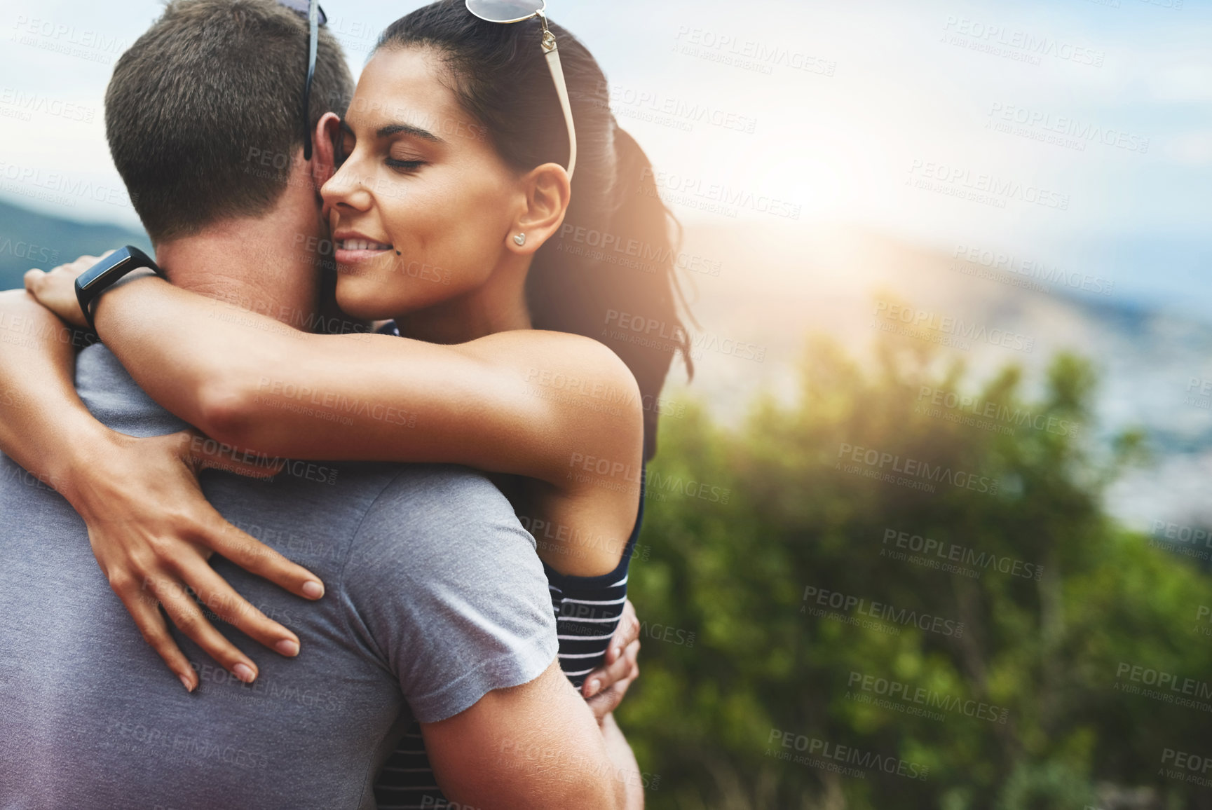 Buy stock photo Relax, love or couple hug in park for date, support or care in summer or nature with peace or freedom. Embrace, romantic man or woman on outdoor holiday vacation together to bond or travel in USA 